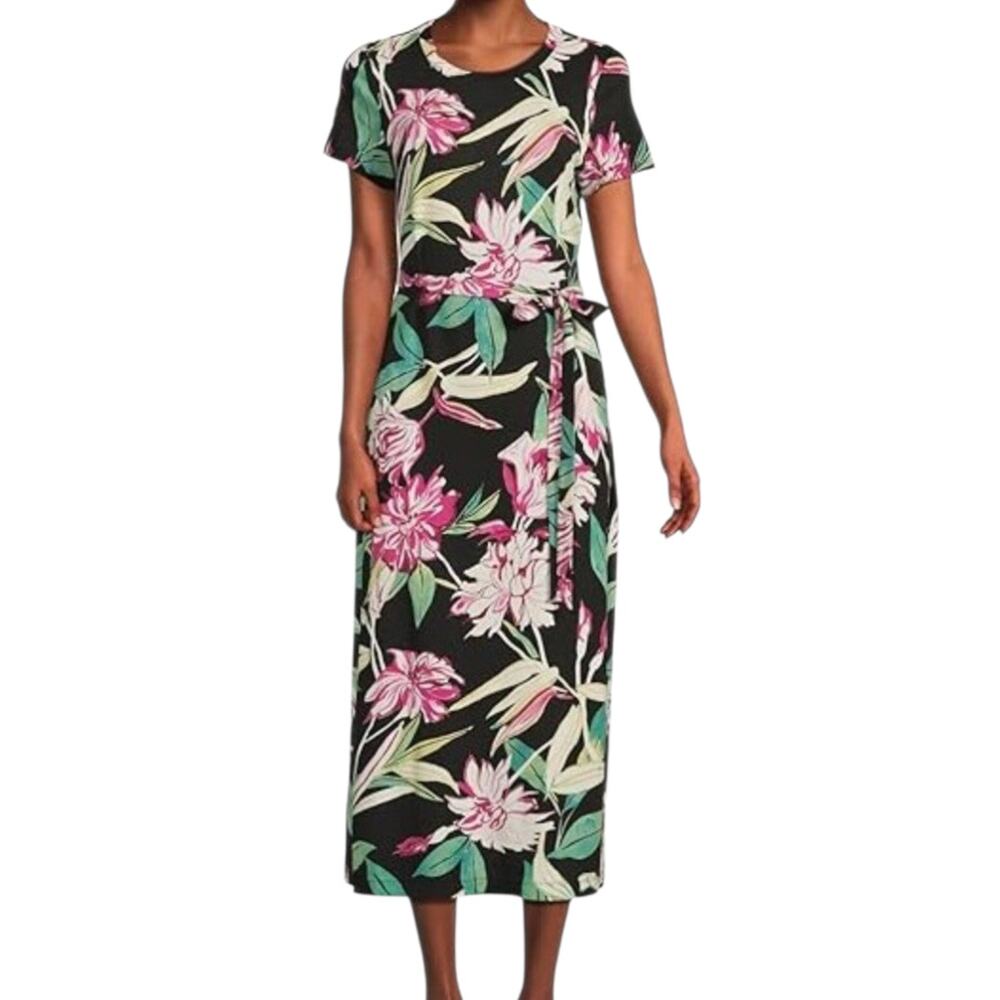 Tommy Bahama Twilight Bloom Knit Midi Dress Tropical Floral Black Pink Small